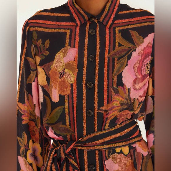 Farm Rio Black Chenille Flowers Belted Long Sleeve Mini Dress NWT Size Medium - Picture 4 of 5